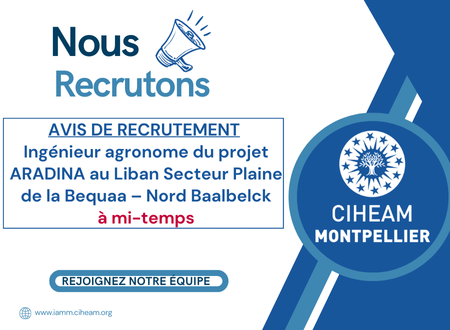 Nous recrutons : Ingénieur agronome du projet ARADINA au Liban Secteur Plaine de la Bequaa – Nord Baalbelck (à mi-temps)